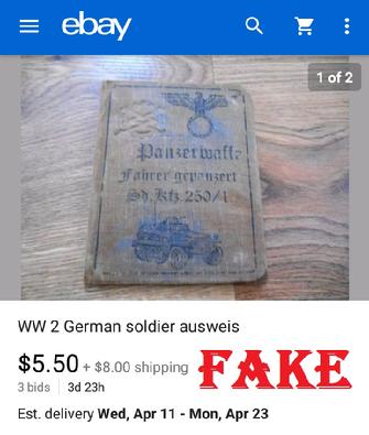 Fake Nazi ID, Nazi Passbook, ebay fakes