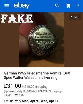 German WW2 kriegsmarine Admiral Graf Spee Walter Warzecha silver ring