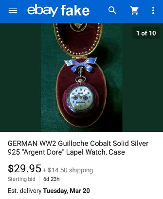 German WW2 Guilloche Cobalt Solid Silver 925 "Argent Dore" Lapel Watch