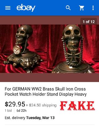 German WW2 Brass Skull Iron Cross Pocket Watch Holder Stand