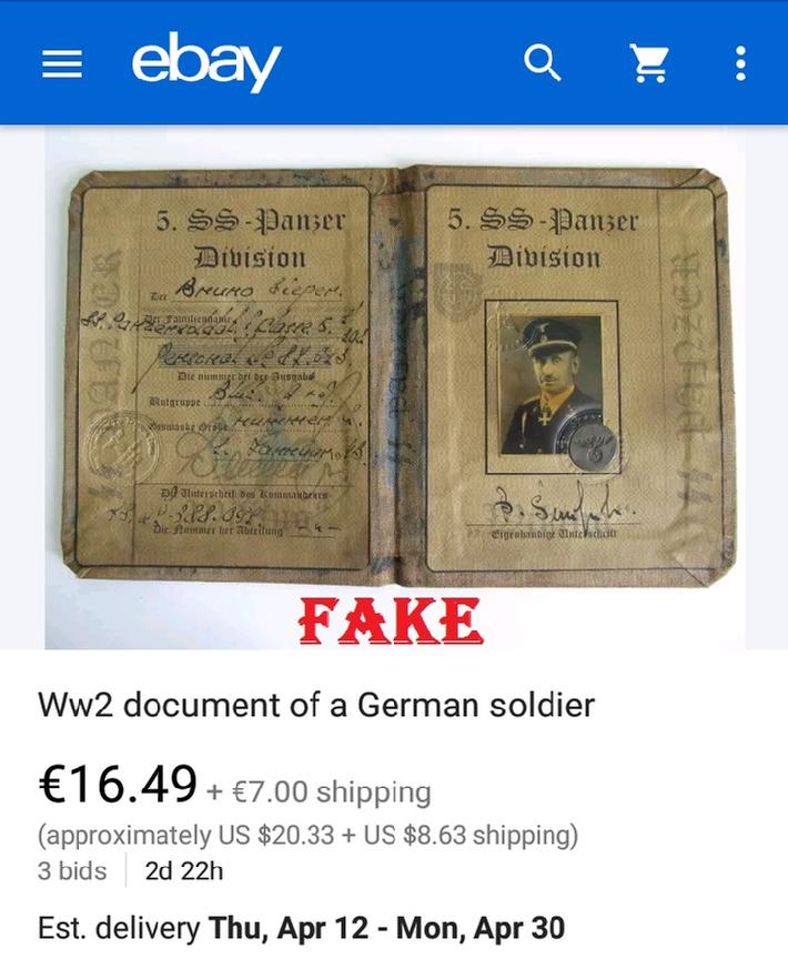 Fake Nazi Passbook, Nazi ID, German WW2 Fakes, ebay fraud
